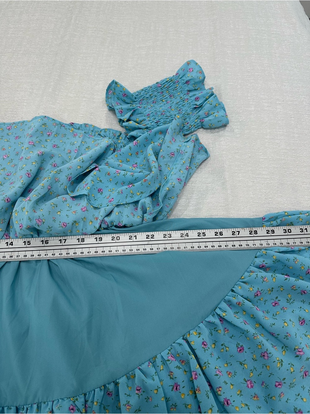Mable Smocked Off-Shoulder Floral Mini Dress in Light Blue - Picture 9 of 12